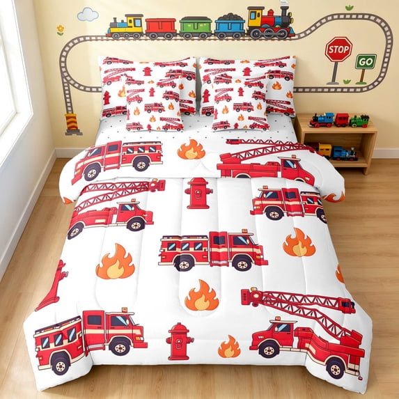 Erosebridal Fire Truck Twin Bedding, Firefighter Bedding Comforter Set, White Red 7 Pieces