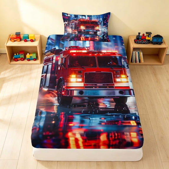 Erosebridal Fire Truck Twin Fitted Sheet, Firefighter Bedding, City Night 2pcs 1 Fitted Sheet and 1 Pillowcase