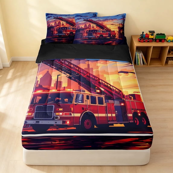 Erosebridal Fire Truck Zipper Full Size Comforter Sets with Fitted Sheet and 2 Pillowcases, Firefighter Zipper Bedding Set, Sunset City, Black Reversible