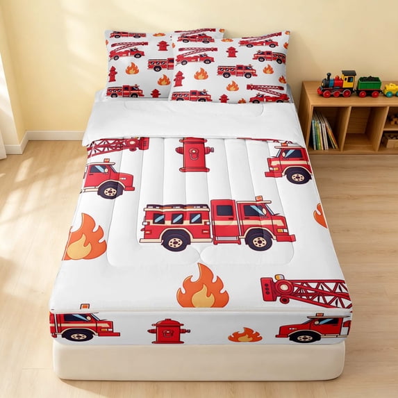 Erosebridal Fire Truck Zipper Queen Comforter Set with Fitted Sheet and 2 Pillowcases, Firefighter Zipper Bedding Set, White Red