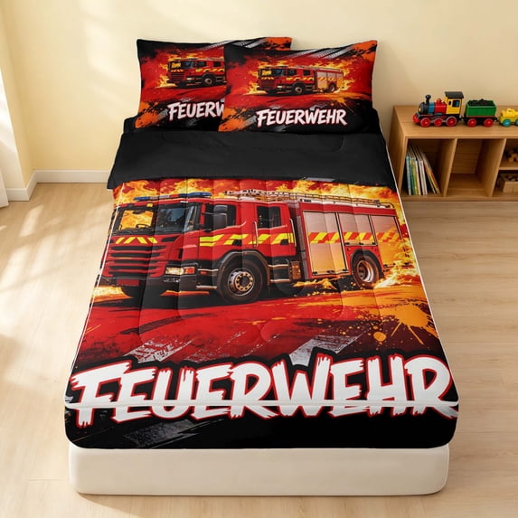 Erosebridal Fire Truck Zipper Queen Comforter Set with Fitted Sheet and 2 Pillowcases, Flames Zipper Bedding Set, Feuerwehr Red, Black Reversible