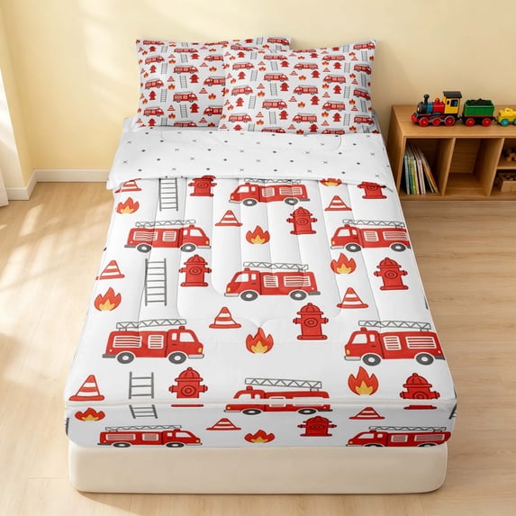 Erosebridal Fire Truck Zipper Twin Comforter Sets with Fitted Sheet and 2 Pillowcases, Fire Engine Zipper Bedding Set, White Red, Reversible