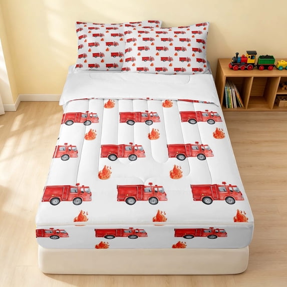 Erosebridal Fire Truck Zipper Twin Comforter Sets with Fitted Sheet and 2 Pillowcases, Firefighter Zipper Bedding Set, Blue Night