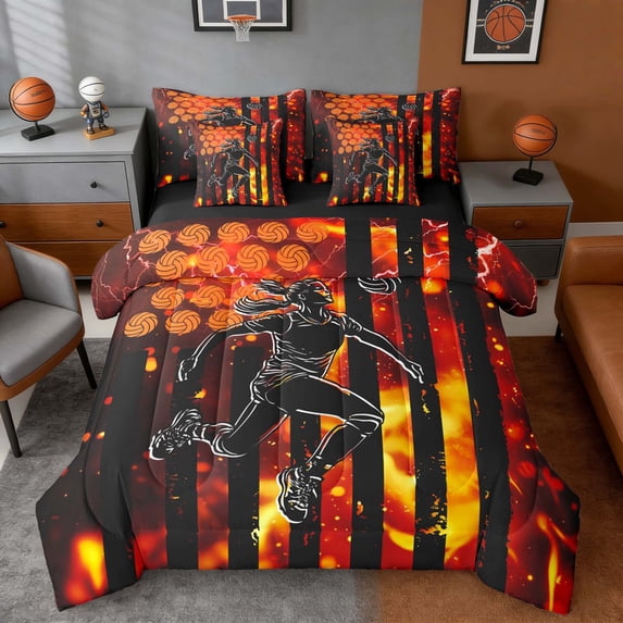 Erosebridal Fire Volleyball USA Flag Bedding Comforter Set, Sport Full Bedding Set for Girls and Boys, Black Reversible 7 Pieces