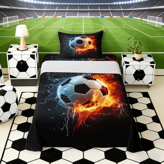 Erosebridal Fire Water Soccer Twin Sheet Sets, Sport Bedding for Men and Boys, 3 Pieces, 1 Flat Sheet, 1 Fitted Sheet and 1 Pillowcase