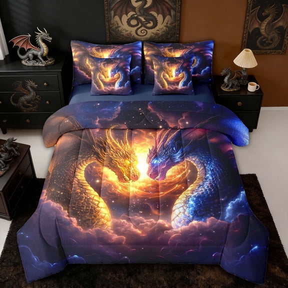Erosebridal Fire and Ice Celestial Dragon Twin Bedding Sets for Men and Women, Gold Blue Cosmic Bedding Comforter Set, Navy Reversible, 7pcs