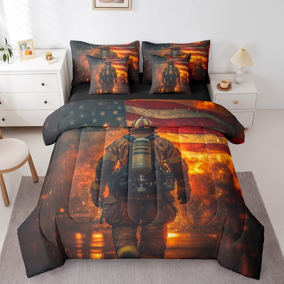 Erosebridal Firefighter Bed in a Bag Full Size, American Flag Bed Set, Fireman Home Decor, Reversible 7-Piece