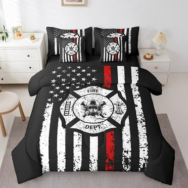 Erosebridal Firefighter Bedding Sets Twin Size,Usa Flag Comforter Sets with Sheets,Geometric Stripes Decor,Reversible,Lightweight,7-Piece