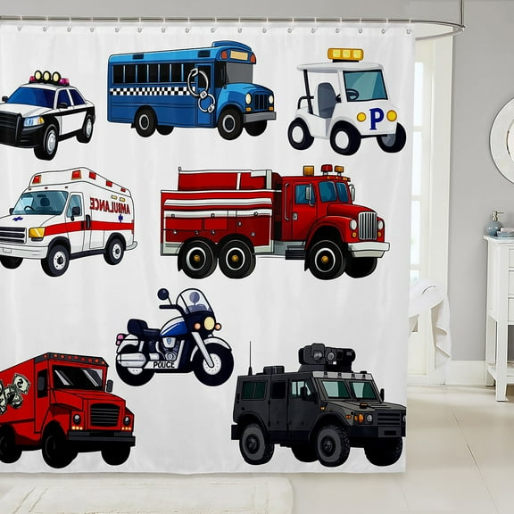 Erosebridal Firefighter Car Bathroom Curtain 72x72, Police Car Shower Curtain 72x72, Cartoon Truck Decor