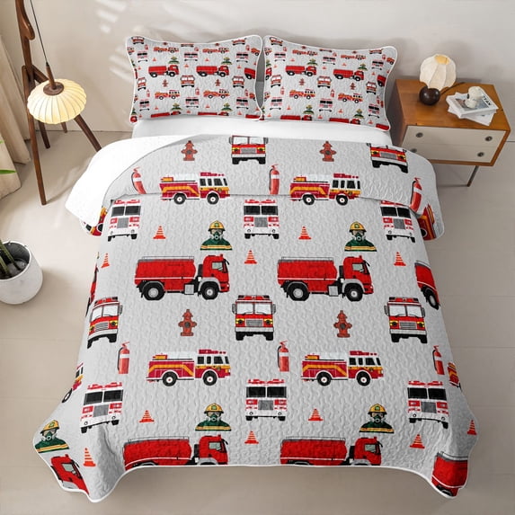 Erosebridal Firefighter Print Twin Quilt Set,Fireman Truck Twin Coverlet Set For Boys,2 Pieces
