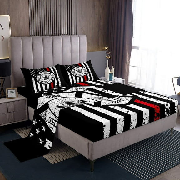 Erosebridal Firefighter Sheet Set Twin,Usa Flag Bedding Sets Twin Size,Geometric Stripes Decor,3pcs