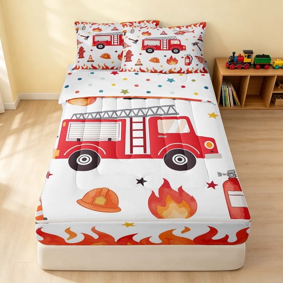 Erosebridal Firefighter Zipper Twin Comforter Sets with Fitted Sheet and 2 Pillowcases, Fire Equipment Zipper Bedding Set, Fire Equipment, Polka Dots Reversible