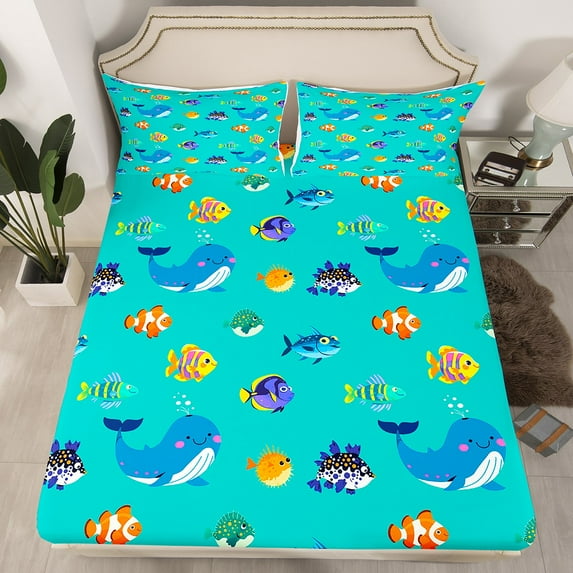 Erosebridal Fish Bed Sheets Queen Size,Cartoon Whale Bedding Set Teens Underwater World Ocean Life Fitted Sheet Marine Animals Sheets,Blue(No Top Sheet)