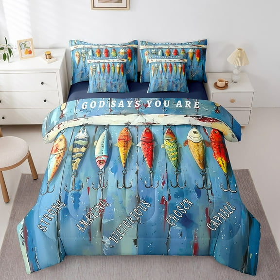 Erosebridal Fish Hook Bedding Twin Size, Fishing and Hunting Bedding Sets Twin Size, Blue Wooden Plank Reversible Bed Set, Microfiber Room Decor, 7-Piece