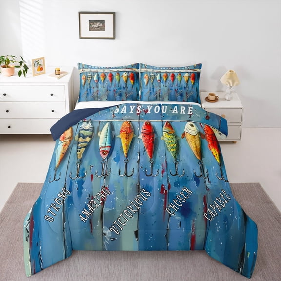 Erosebridal Fish Hook Comforter Sets Twin Size, Fishing and Hunting Comforters & Duvets, Blue Wooden Plank Reversible Bedding Twin Comforter Set, Microfiber Room Decor, 2-Piece