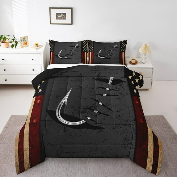 Erosebridal Fishing Adventure Comforter Sets Queen Size,Fishing Hooks Bedding Queen Comforter Set,American Flag Bedding Sets Queen with Comforter,Breathable Ombre Room Decor,Reversible,3 Pieces