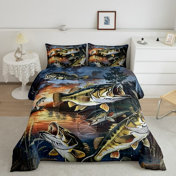 Erosebridal Fishing Fish Bedding King Comforter Set, Lake House Down Comforter, Rustic Hunting Decor, Reversible 3pcs