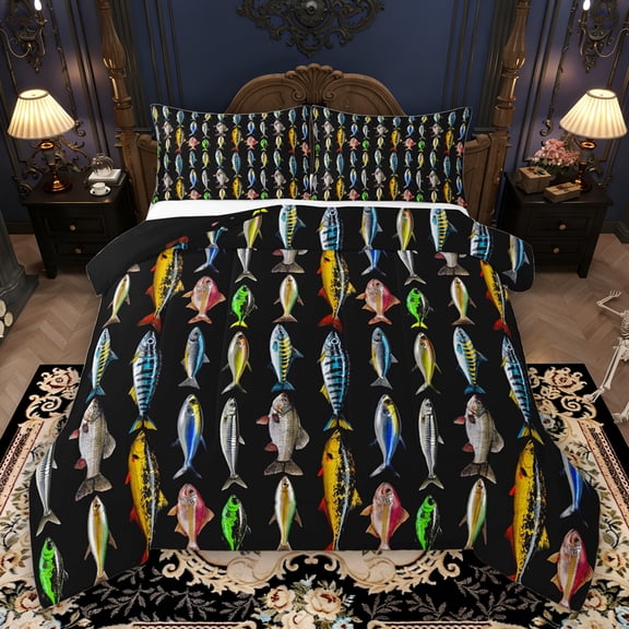 Erosebridal Fishing Fish Queen Comforter Set, Farmhouse Rustic Bedding Comforter Set, Black Reversible, 1 Comforter and 2 Pillowcases