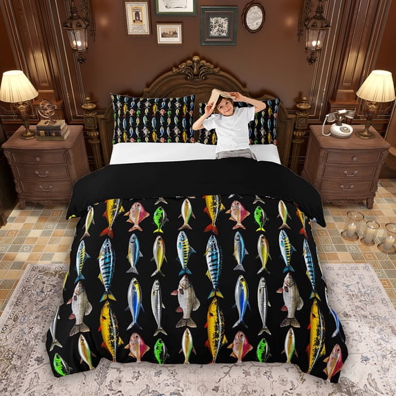 Erosebridal Fishing Fish Queen Duvet Cover Set, Farmhouse Rustic Bedding, Black Reversible, 1 Duvet Cover and 2 Pillowcases (No Comforter)