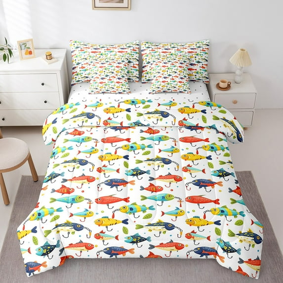 Erosebridal Fishing Fishhook Bedding Queen Size, Cartoon Fish Bed Set, Rustic Farmhouse Reversible Bed in a Bag Queen size, Microfiber Bedroom Decor, 7pcs