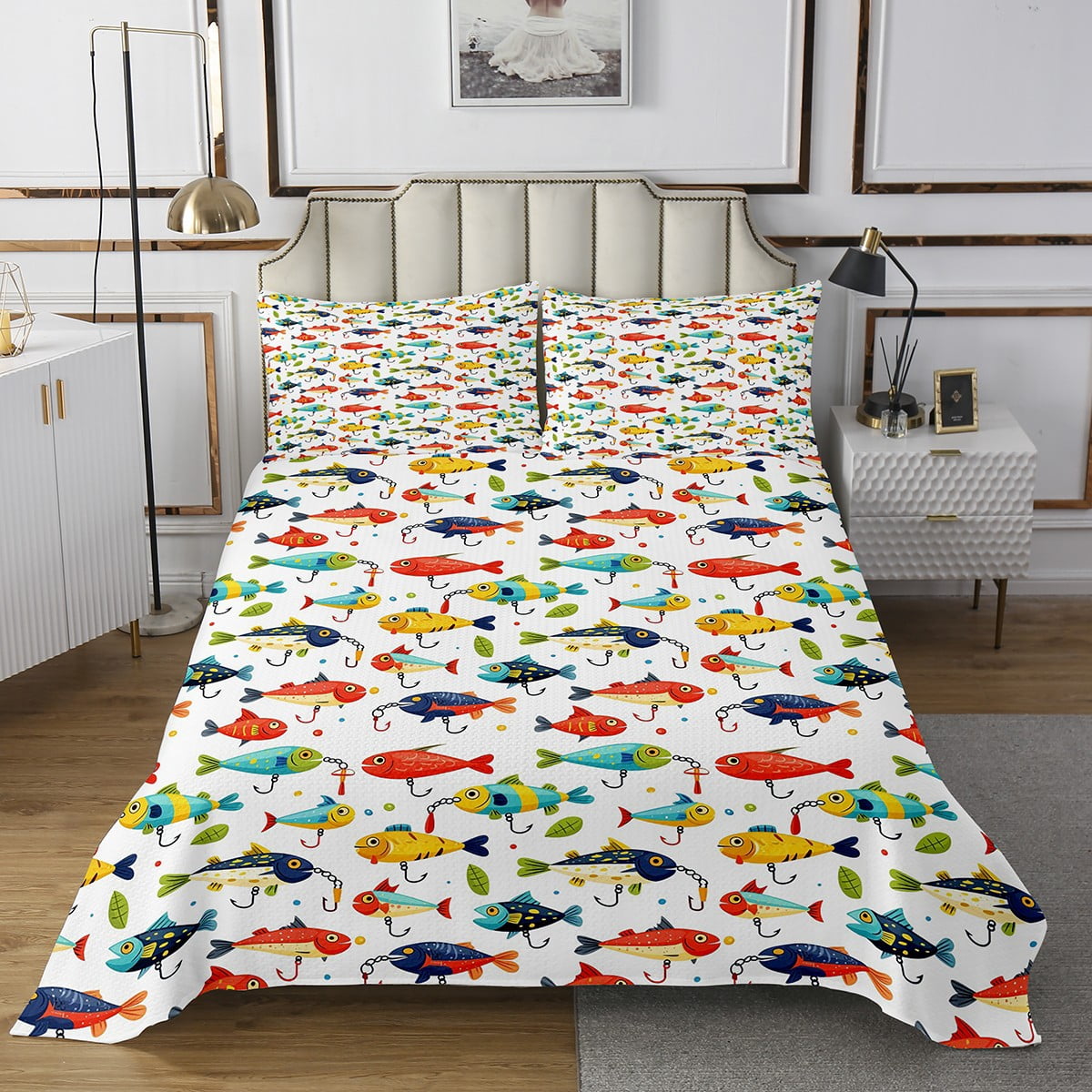 Fish Bedspread Erosebridal Fishing Fishhook Bedspread Sets Twin Size, Cartoon Fish ...