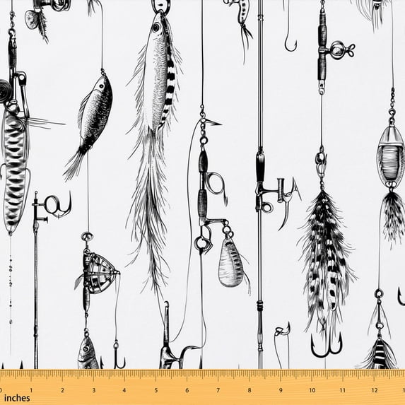 Erosebridal Fishing Print Fabric by the Yard 1 Yard Angler Pattern Home Decor Fabric by the Yard, Off White