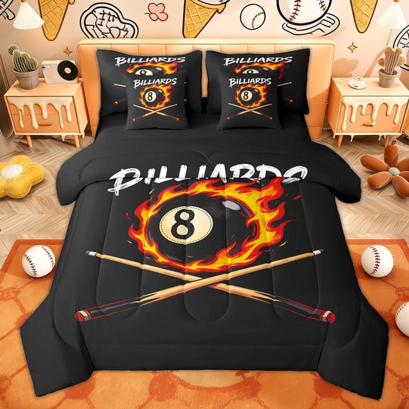 Erosebridal Flaming 8 Ball Bedding Comforter Set, Black Orange Billiards Queen Bedding Sets for Men and Women, 7pcs
