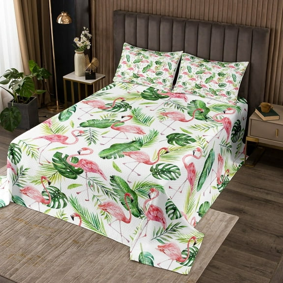 Erosebridal Flamingo Decor Quilt Set Twin Size Flamingo Bedspread Green Palm Leaves Print Coverlet Set Cute Animal Flamingo Bed Set 2 Pcs Rustic Botanical Decor Romantic Theme Bedding