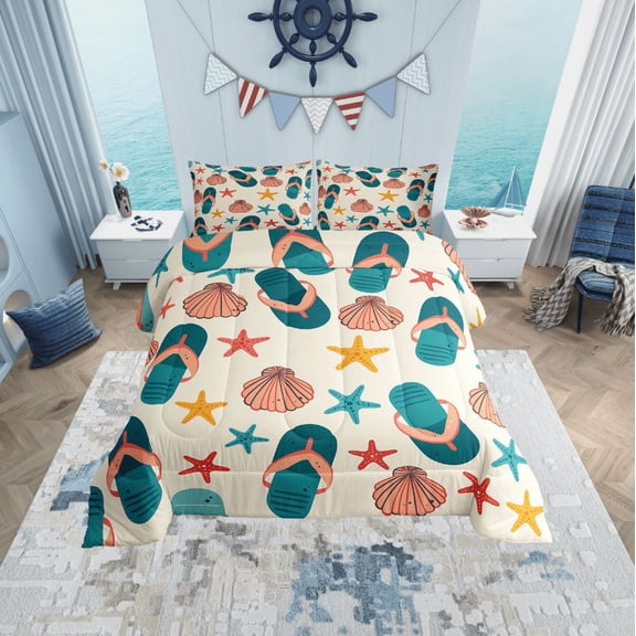 Erosebridal Flip Flops Bedding Sets Twin with Comforter, Beach Slippers Duvet Insert, Seashell Reversible Comforter Sets Twin Size, Ultra Soft Room Decor, 2 Pieces