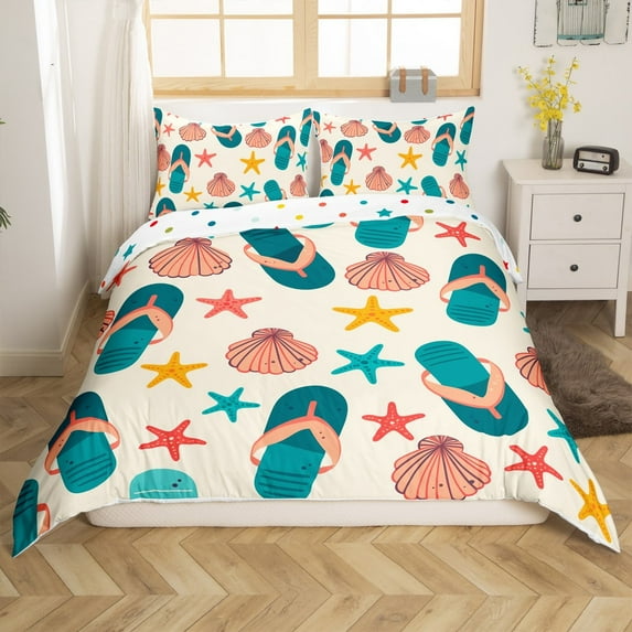 Erosebridal Flip Flops Duvet Cover Twin, Beach Slippers Comforter Cover Twin, Seashell Reversible Bedding Sets Twin Size, Ultra Soft Room Decor, 2 Pieces（No Comforter）