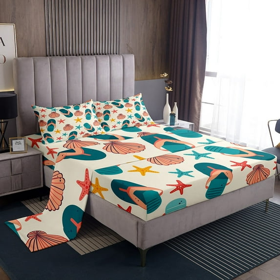 Erosebridal Flip Flops Twin Sheet Sets, Beach Slippers Bed Sheets Twin, Seashell Bedding Twin Size, Ultra Soft Room Decor, 3 Pieces