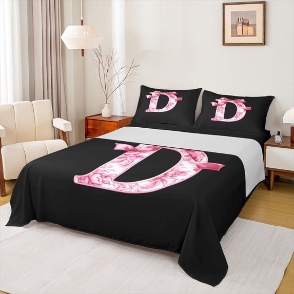 Erosebridal Floral Bow Letter D Bed Sheets for Girls, Pink Initial Ribbon King Sheets, 4-Piece