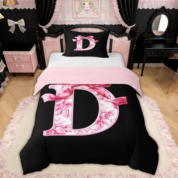 Erosebridal Floral Bow Letter D Twin Bedding for Girls, Pink Initial Ribbon Duvet Cover Set, Reversible, 1 Duvet Cover and 1 Pillowcase (No Comforter)