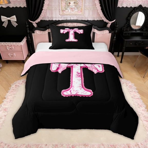Erosebridal Floral Bow Letter T Twin Comforter Sets for Girls, Pink Initial Ribbon Bedding Set, Reversible, 2pcs