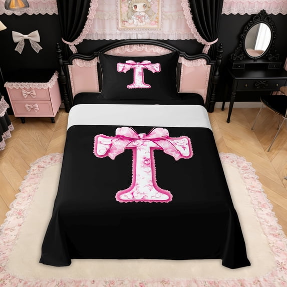 Erosebridal Floral Bow Letter T Twin Sheet Sets for Girls, Pink Initial Ribbon Bedding, 3pcs