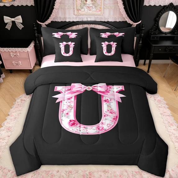 Erosebridal Floral Bow Letter U Twin Bedding Sets for Girls, Pink Initial Ribbon Bedding Comforter Set, Reversible, 7 Pieces