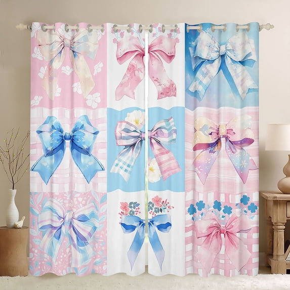 Erosebridal Floral Bowknot Black Out Curtains for Girls, Colorful Graid Bow Curtains Pack of 2 (42x63 Each) for Women
