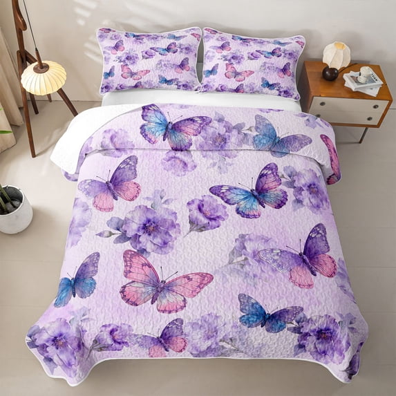 Erosebridal Floral Butterfly Bed Spread Queen,Purple Watercolor Print Queen Coverlet Set For Girls,3-Piece