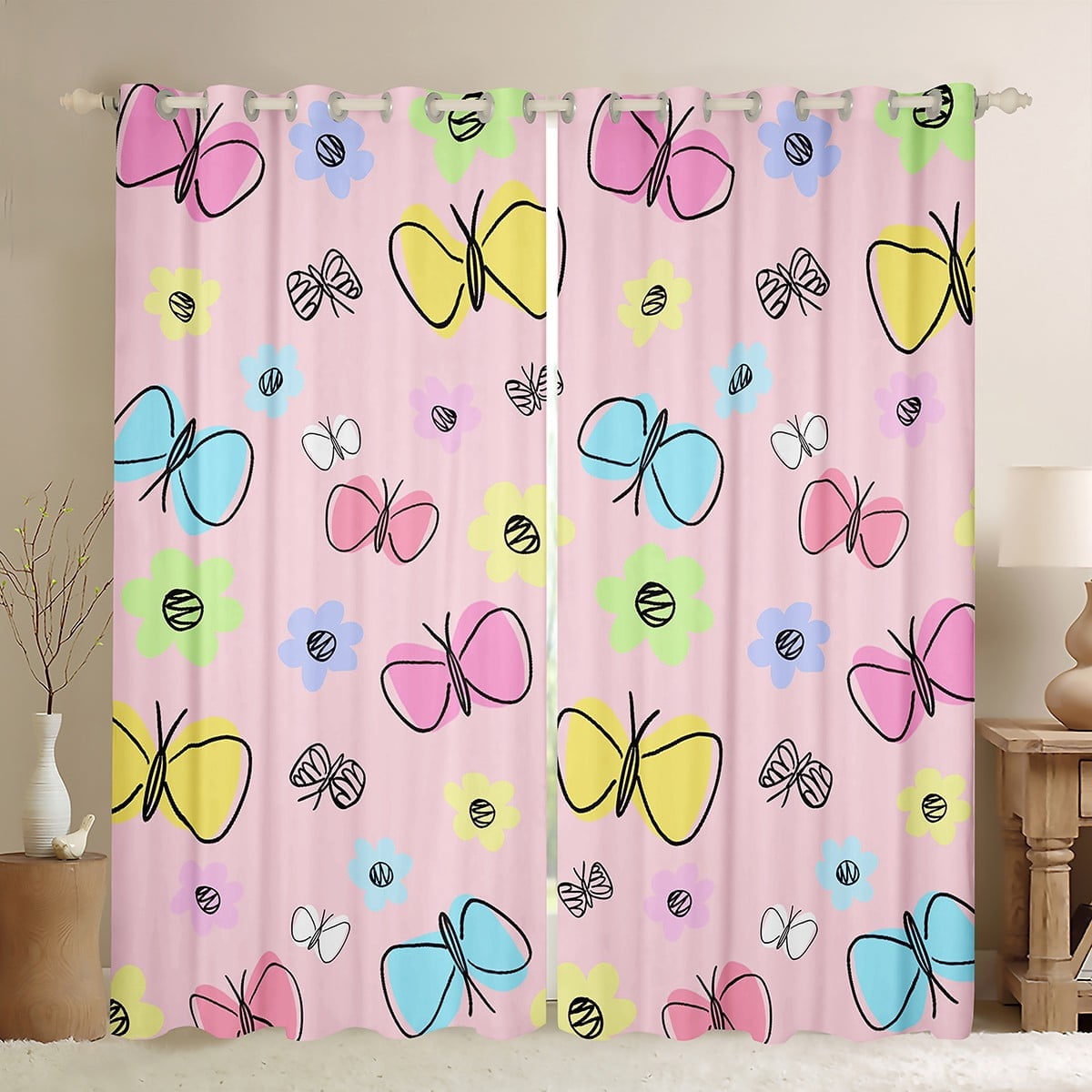 Erosebridal Floral Butterfly Curtains and Drapes (38Wx54L),Kawaii Cute 30%-50% Blackout Curtains for Bedroom,Curtains for Living Room,Teenager Bedroom Decor