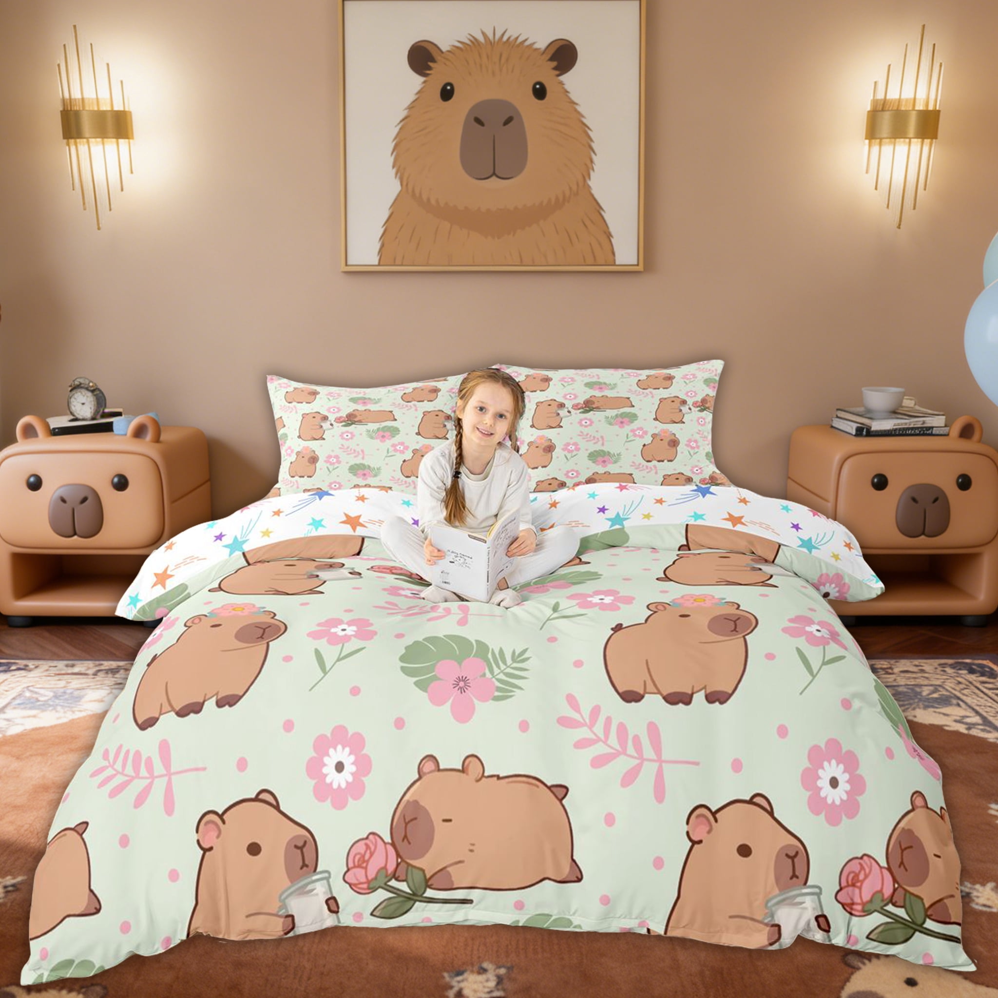Erosebridal Floral Capybara Kids Duvet Cover Set, Green Palm Leaf ...