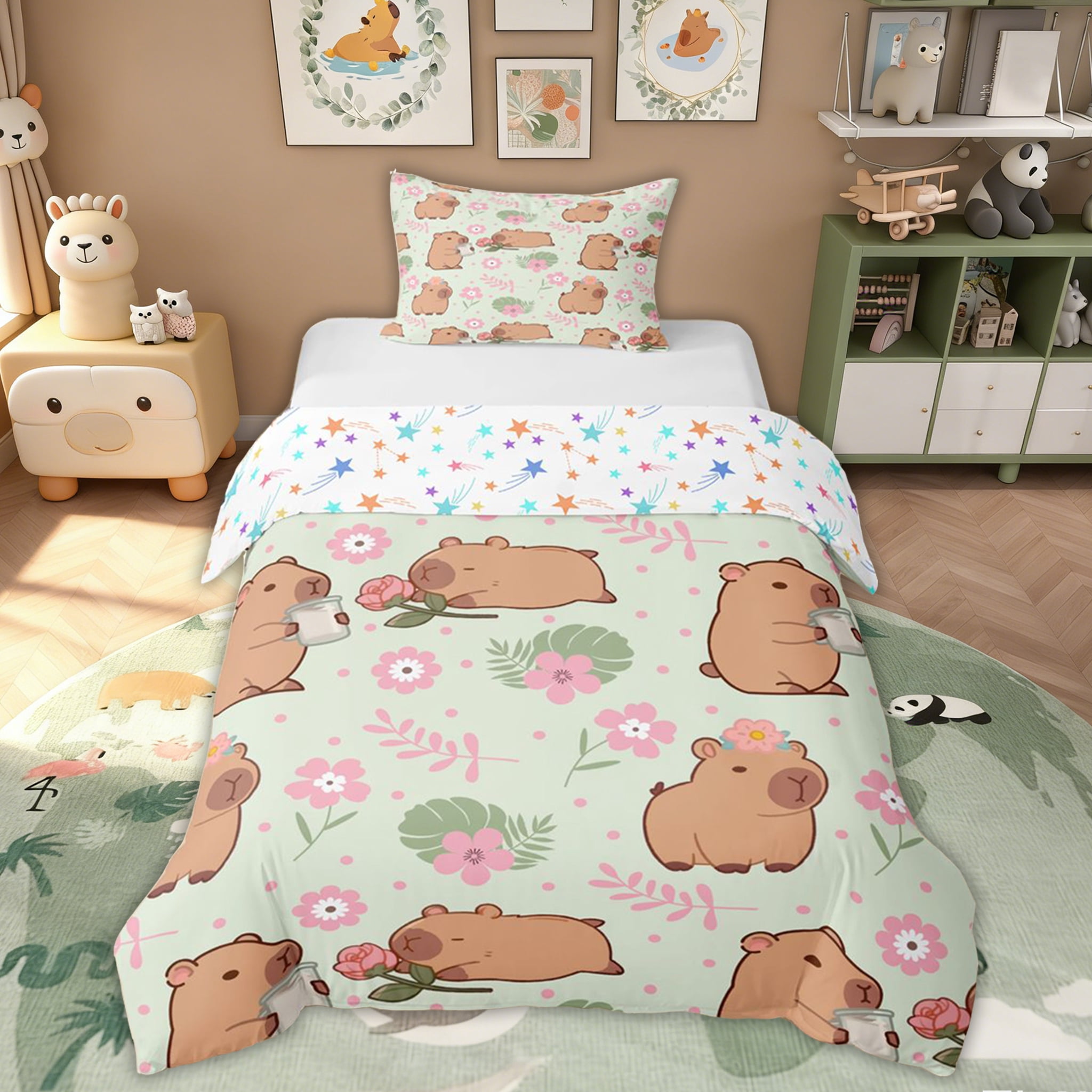 Erosebridal Floral Capybara Kids Twin Bedding, Green Palm Leaf Duvet ...