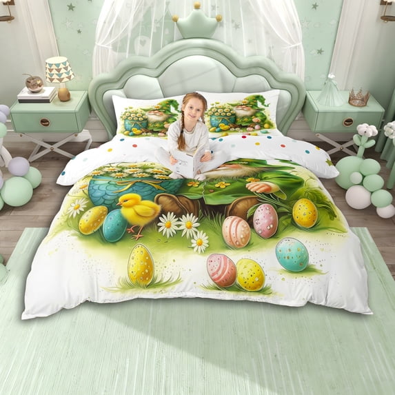 Erosebridal Floral Daisy Cartoon Gnome Queen Duvet Cover Set For Children,Kids Easter Eggs Bedding,3 Pieces,No Comforter,Super Cozy Room Decor