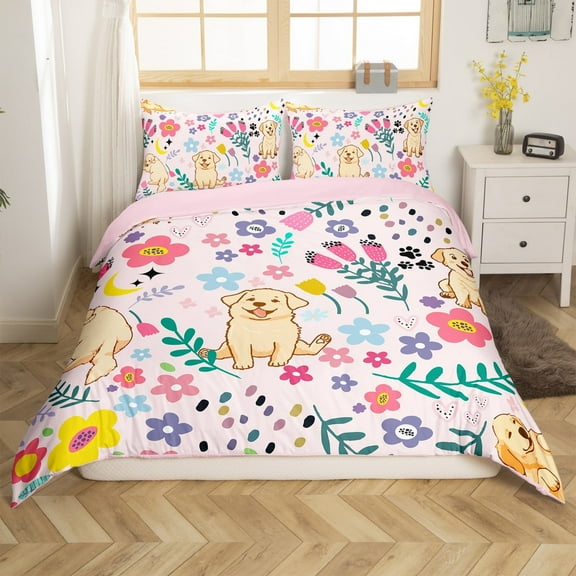 Erosebridal Floral Dog Duvet Cover Twin Bedding Set Cartoon Animal Comforter Cover,Cute Botanical Flower Leaves Moon Golden Retriever Puppy Bed Sets with 1 Pillowcase