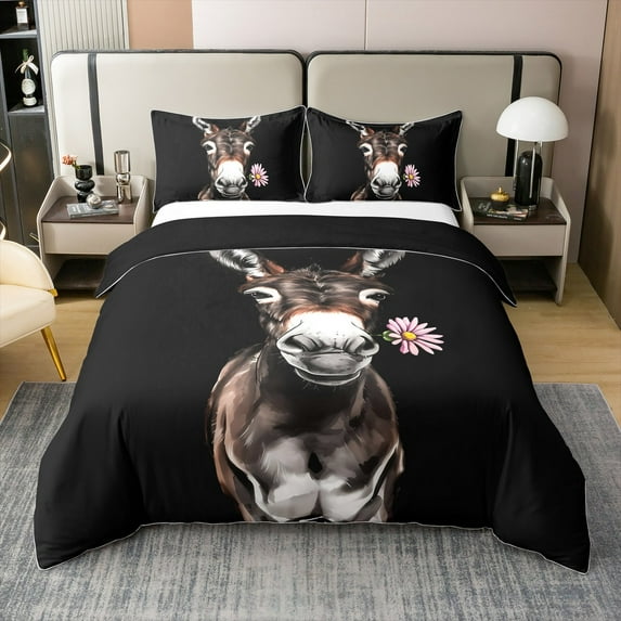 Erosebridal Floral Donkey 100% Cotton Comforter Cover Full,Crtoon Animal Bedding Full Size,Farmhouse Farm 100% Cotton Comforter Cover Full,Reversible,3pcs(No Comforter)
