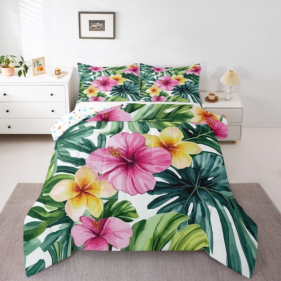 Erosebridal Floral Flower Bedding King Comforter Set,Green Palm Tree Leaves Bedding Sets King with Comforter,Botanical Bedroom Decor,Reversible,Breathable,3-Piece