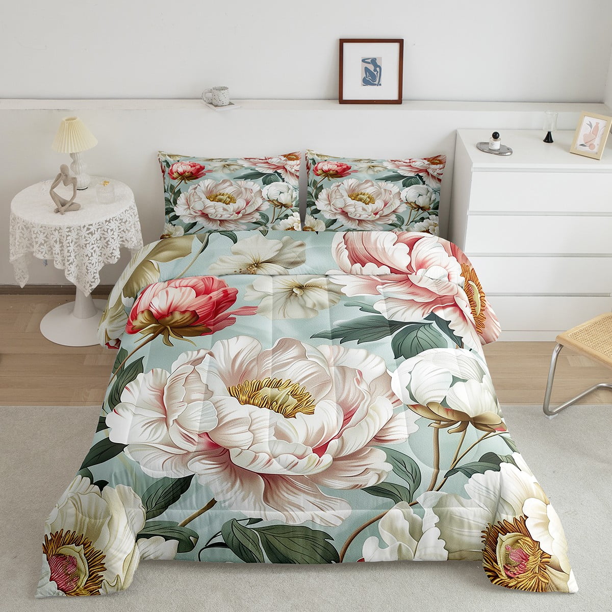 Erosebridal Floral Flower Comforter Sets King Size, Retro Peony Down