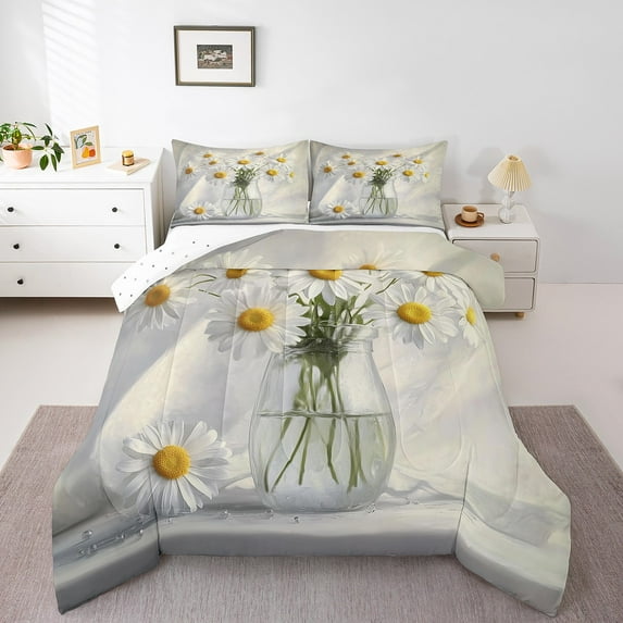Erosebridal Floral Flower Comforter Sets,White Daisy Comforters & Duvets,Botanical Room Decorative,Reversible,Breathable,2pcs