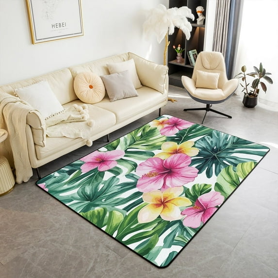 Erosebridal Floral Flower Rugs For Bedroom 5x7,Green Palm Tree Leaves Living Room Decor,Botanical Bedroom Decor,Non Slip