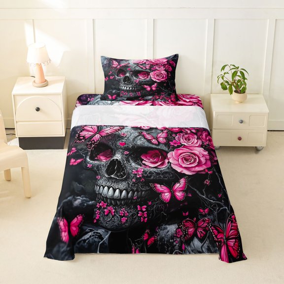 Erosebridal Floral Gothic Skull Twin Sheet Sets 3pcs for Teens Adults,Boys Girls Chic Flowers Roses BeddingBlack Pink,Breathable Home Decor
