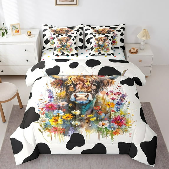 Erosebridal Floral Highland Cattle Bedding Sets Twin Size,Cow Print Comforter Sets with Sheets,Farm Animal Bedroom Decor,Reversible,Breathable,7-Piece